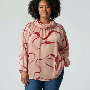 Liz Claiborne Abstract Print Cowl Neck Blouse Pink Red Long Sleeve Top Plus 3X